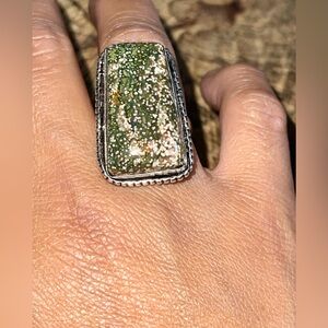 Green & White Cellular Ocean Jasper Ring Size 7 1/2